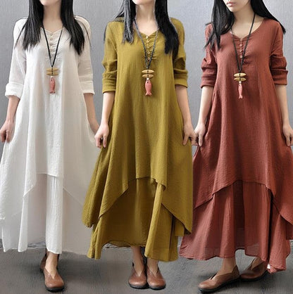 Two - Piece Cotton and Linen Loose Long Sleeved Dress - Melissas Collectibles and More