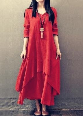 Two - Piece Cotton and Linen Loose Long Sleeved Dress - Melissas Collectibles and More