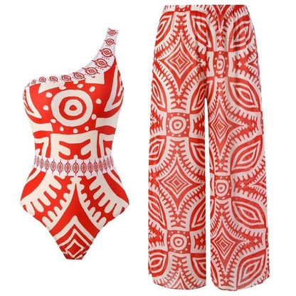 Women's Retro Print Deep V Gorgeous Red One - Piece Swim Suit with Cover - up Beachwear Pants - Melissas Collectibles and More