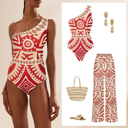 Women's Retro Print Deep V Gorgeous Red One - Piece Swim Suit with Cover - up Beachwear Pants - Melissas Collectibles and More